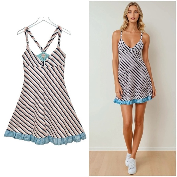 Free People Y2K 90s Vintage Retro Striped Sweetheart Neckline Flare Dress Sz S - Picture 1 of 11